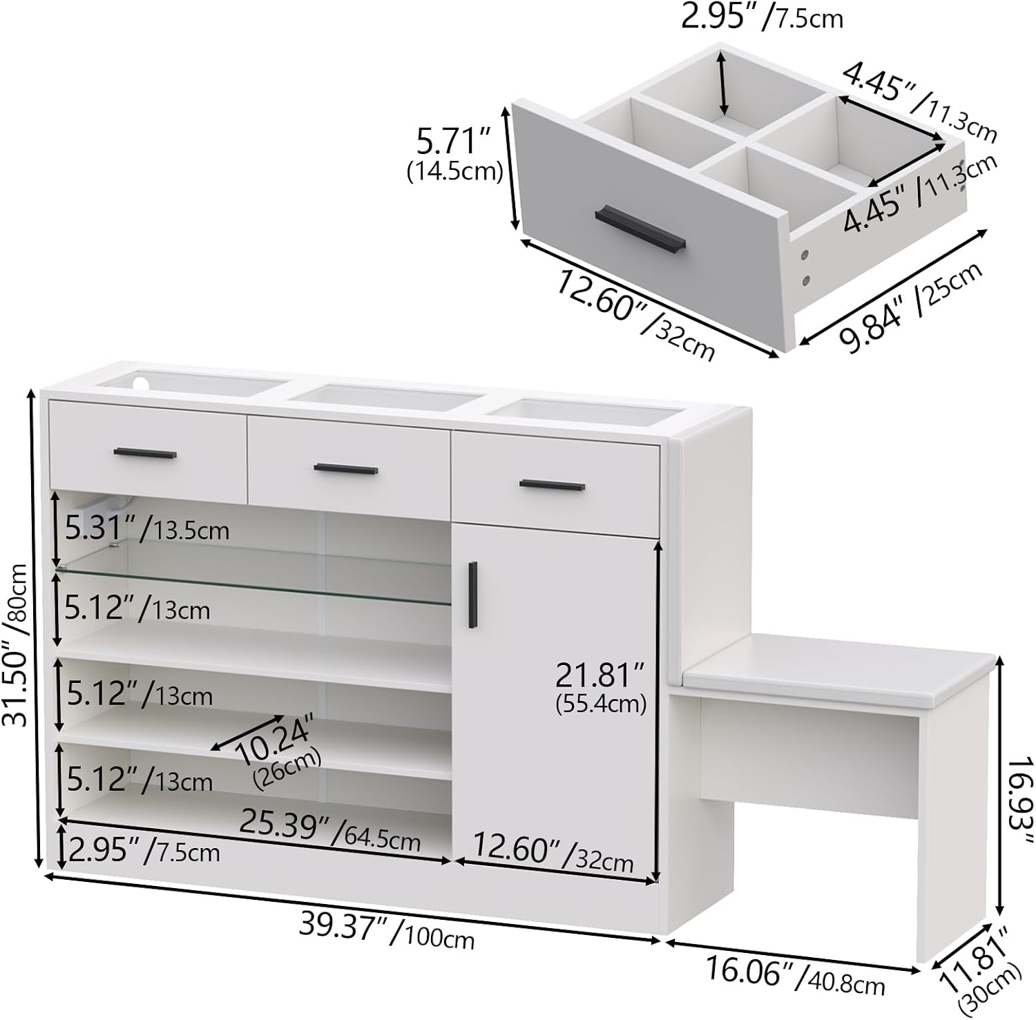 Wardrobe Armoire Closet with Charging & LED Light,Walk-in Closet Island Dresser with Glass Showcase,3 Drawers & Doors, Modern Storage Display Cabinet with Bench for Bedroom,Fitting Room & Shops（White）