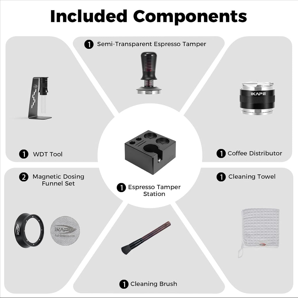 IKAPE 51MM Black Espresso Tool Set 8 IN 1, Coffee Tamper, Distributor, Magnetic Funnel, Puck Screen, Tamper Station, Stirrer Distribution Tool, Cleaning Towel and Brush