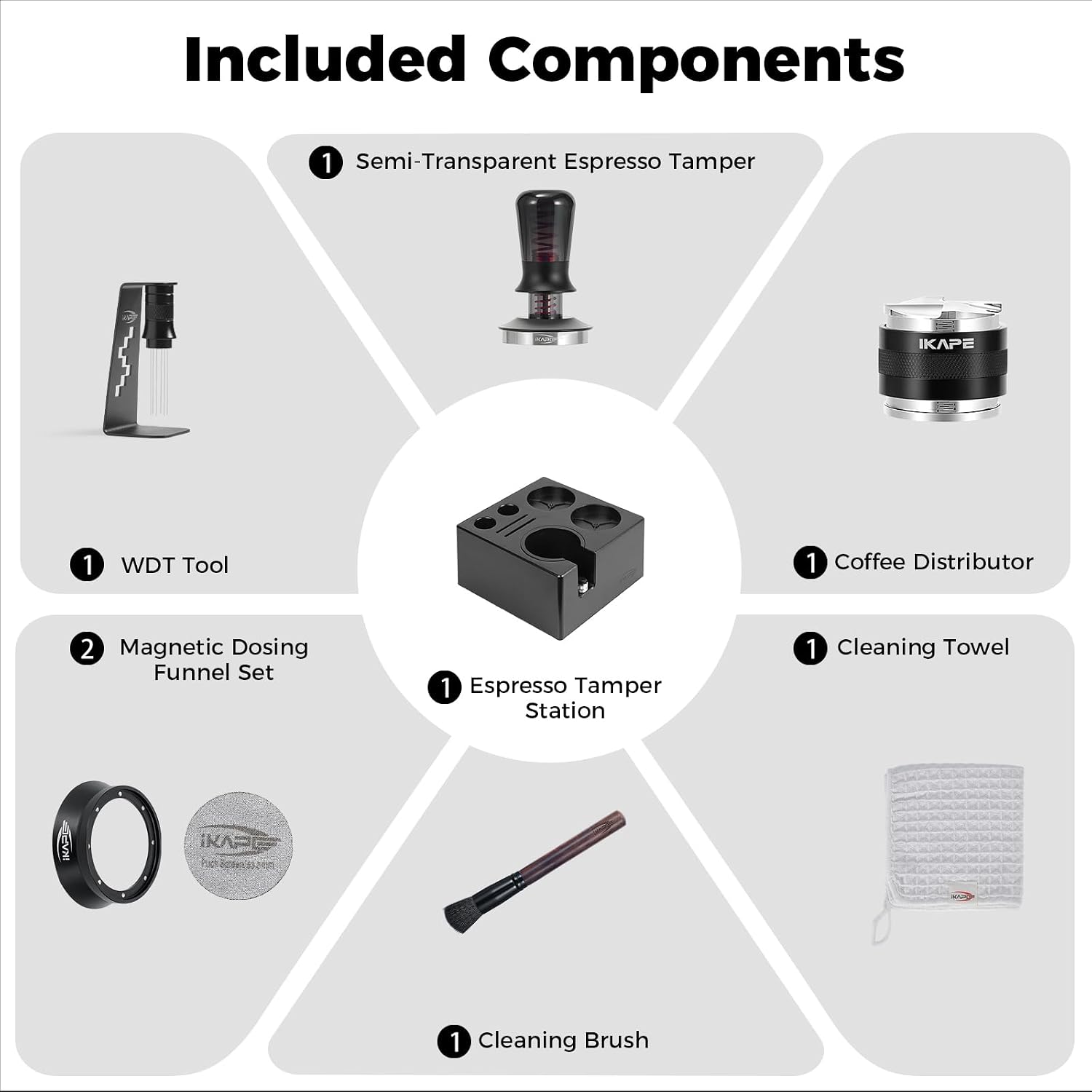IKAPE 51MM Black Espresso Tool Set 8 IN 1, Coffee Tamper, Distributor, Magnetic Funnel, Puck Screen, Tamper Station, Stirrer Distribution Tool, Cleaning Towel and Brush