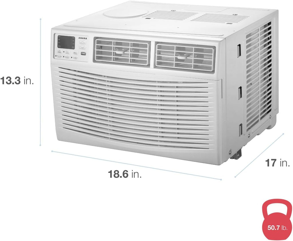 Amana 8,000 BTU Window Air Conditioner with Dehumidifier, 115V, Window AC for Rooms up to 350 Sq. Ft., Bedrooms, Bathrooms, and Nurseries with Remote Control, Digital Display, Timer, 3 Cooling Speeds
