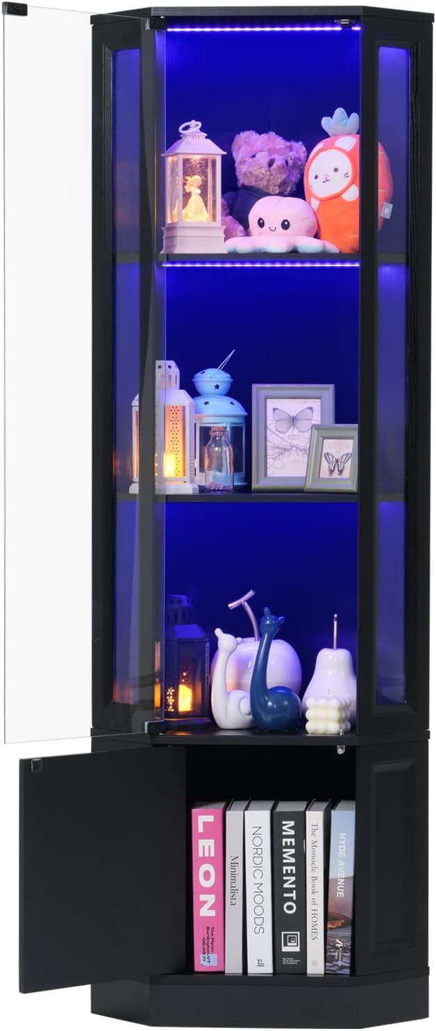 Verano Garden Corner Display Cabinet with Glass Doors, 65' Curio Cabinet w/Multi-Color LED Lights, 4-Tier Lighted Storage Display Case for Collectibles, Showcase Cabinet for Living/Game Room (Black)