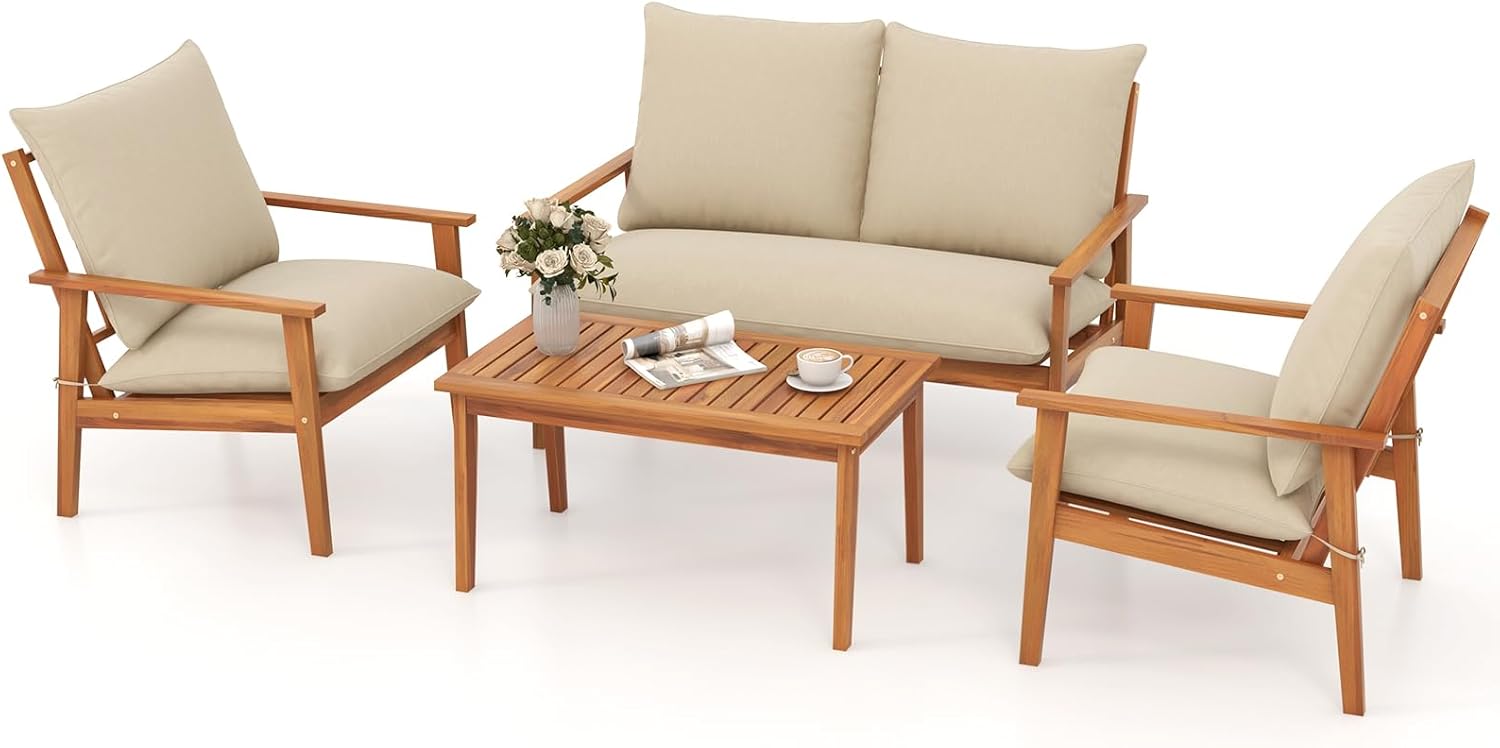 Tangkula 4 Pieces Patio Furniture Set, Outdoor Acacia Wood Conversation Set with Soft Cushions and Coffee Table, Outdoor Sectional Sofa Set for Lawn, Garden, Backyard and Poolside (1, Natural)