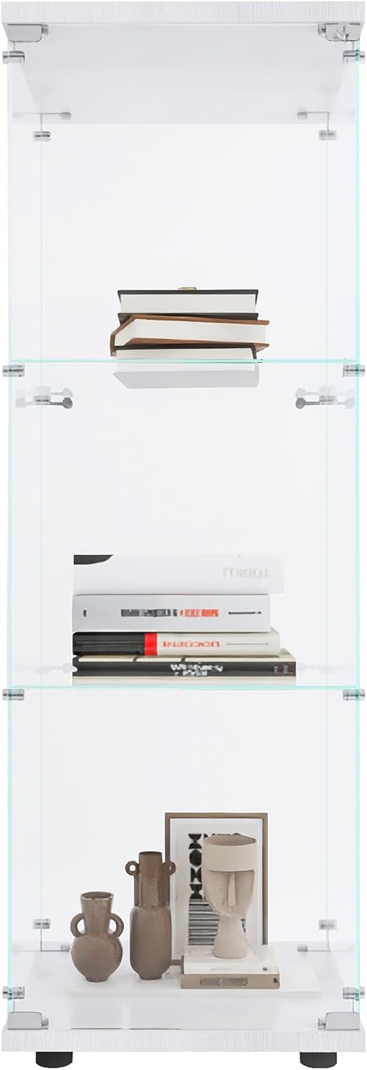 Beauty4U One-Door Glass Display Cabinet, White Curio Cabinets for Living Room, Bedroom, Office, Collection Display, Quick Installation in 30 Mins, 3 Shelves White Floor Standing Glass Bookshelf