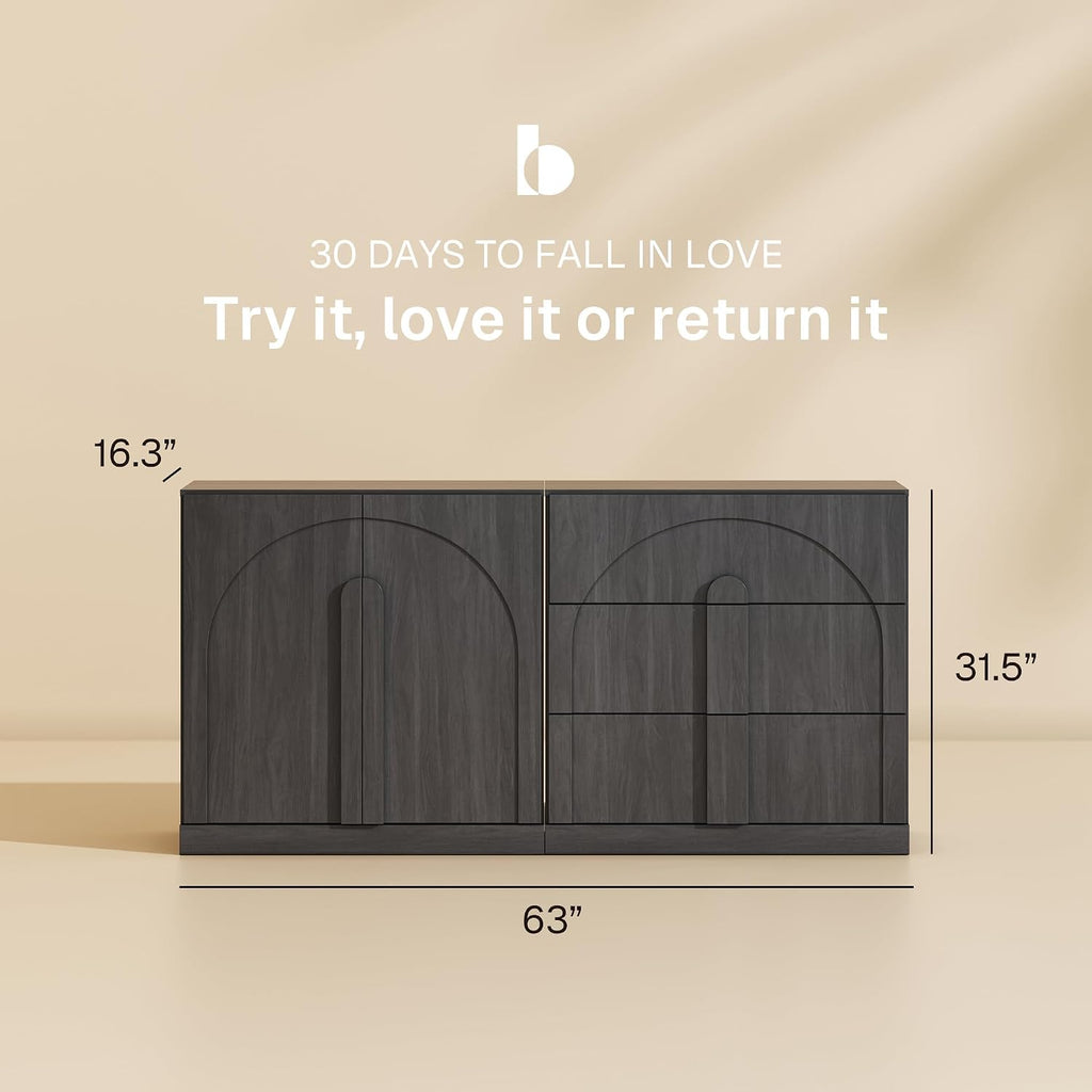 BELLEZE Modular Sideboard Cabinet with Storage, 2-Piece Modern Buffet Cabinet with Adjustable Shelf and 3 Drawers, Media Console Minimalist Credenza for Living Room Kitchen Dining Room, Ebony