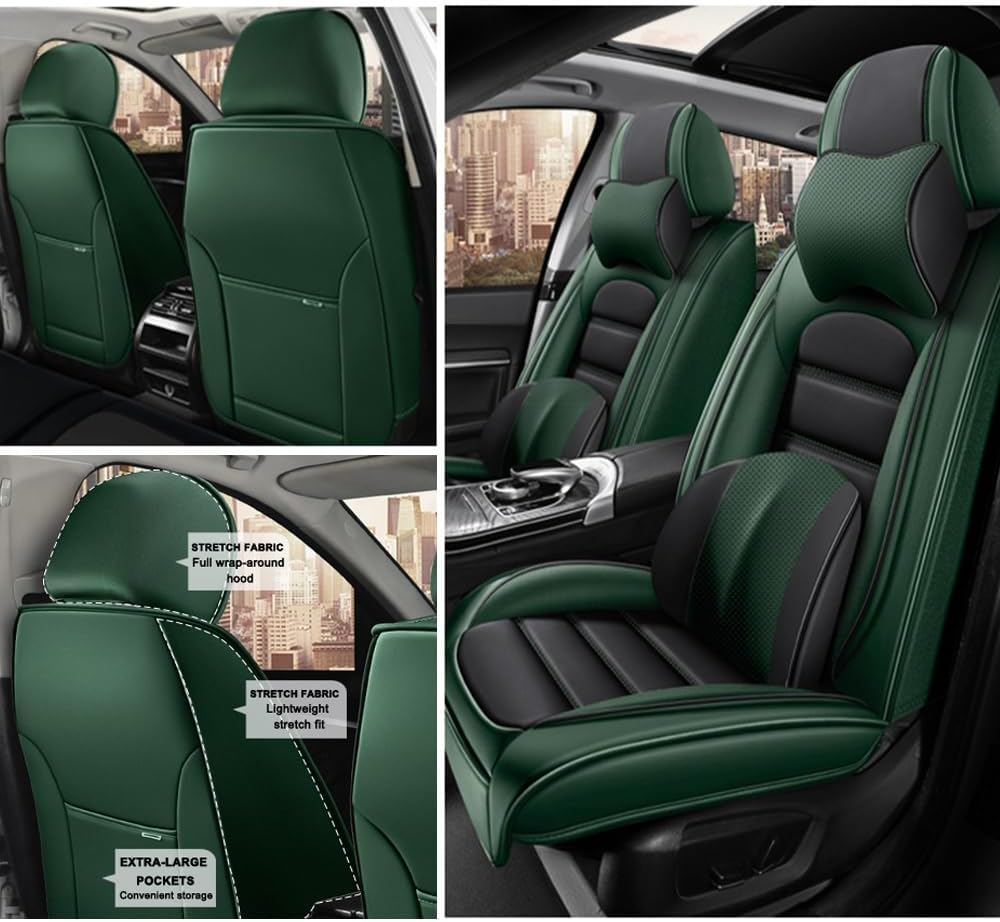 2 Seat Covers for Volvo XC90 2006-2024 Leather Car Seat Covers Waterproof Soft Car Seat Protectors Comfort Premium Automotive Seat Covers with Airbag（Luxury,Black+Green）