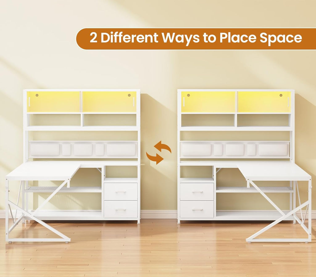 SEDETA L Shaped Gaming Desk, Home Office Computer Desk with 2 Drawer and Bookshelf, L Shaped Gaming Corner Desk with LED Light, Glass Cabinet,Storage Bag and Storage Shelves, White