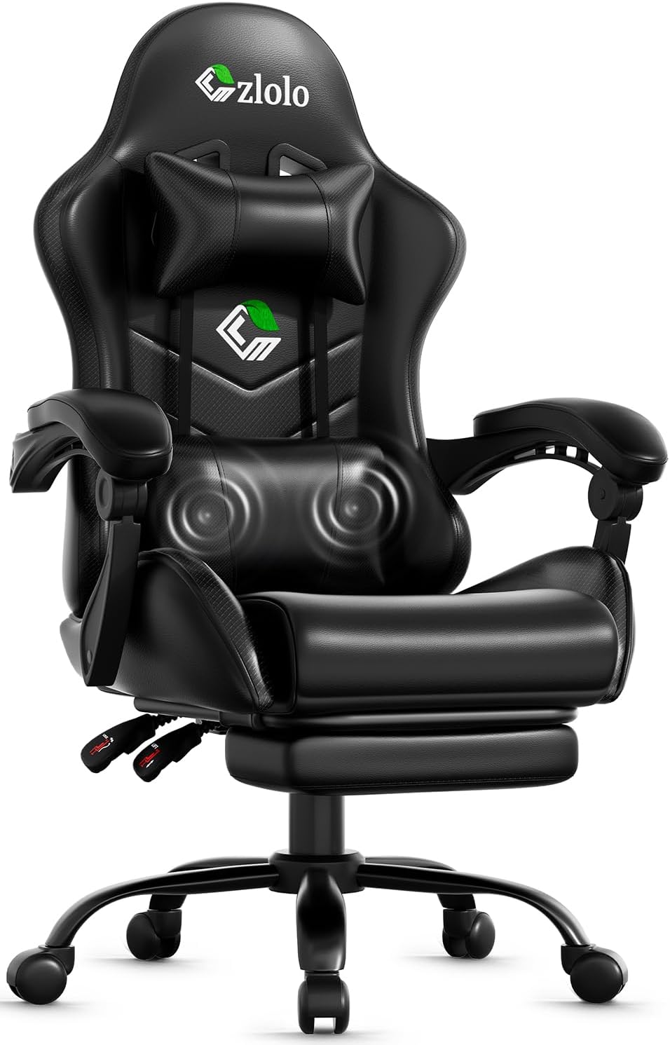 Czlolo Gaming Chair with Footrest Racing Style Lumbar Support Massager Video Game Chair with Metal Legs, High Back Gamer Chair with Headrest, 360° Swivel Office Computer Desk Chair, Black