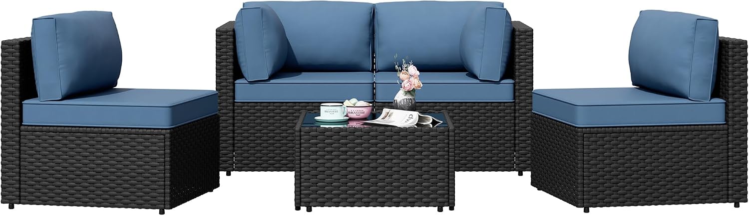 Shintenchi 5 Pieces Outdoor Patio Sectional Sofa Couch, PE Wicker Furniture Sets, Patio Conversation Sets with Washable Cushions Glass Coffee Table for Garden, Poolside, Backyard, Aegean Blue