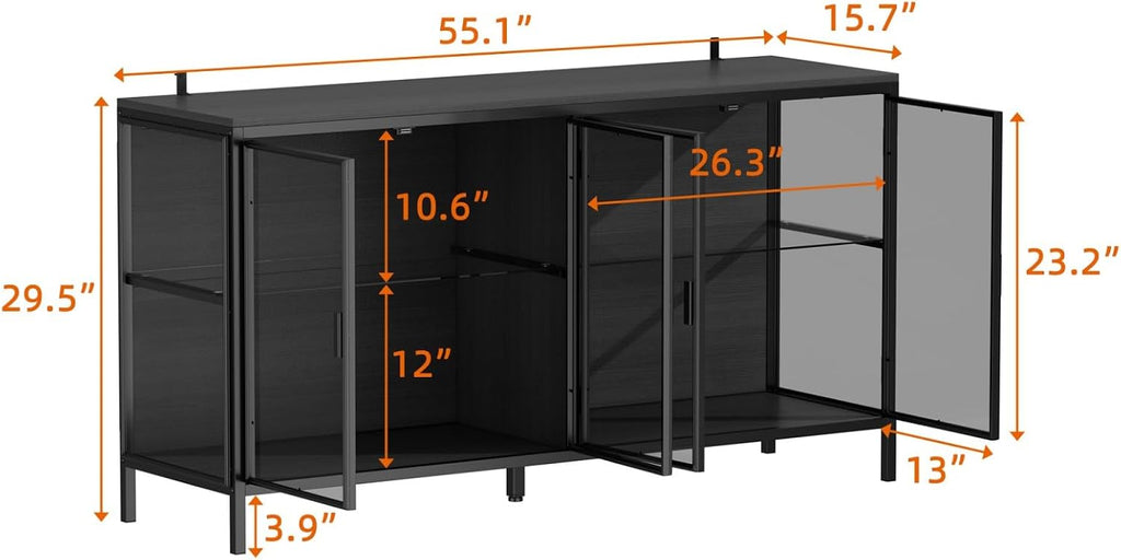 Display Cabinet with Glass Doors & LED Lights, Sideboard Buffet Cabinet with Glass Shelves & Metal Frame, for Living Room Black, 55.1'W x 15.7'D x 29.5'H