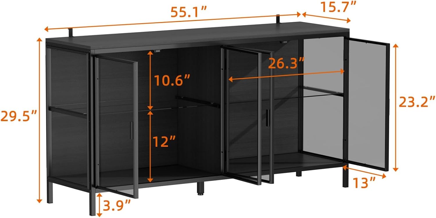 Display Cabinet with Glass Doors & LED Lights, Sideboard Buffet Cabinet with Glass Shelves & Metal Frame, for Living Room Black, 55.1'W x 15.7'D x 29.5'H