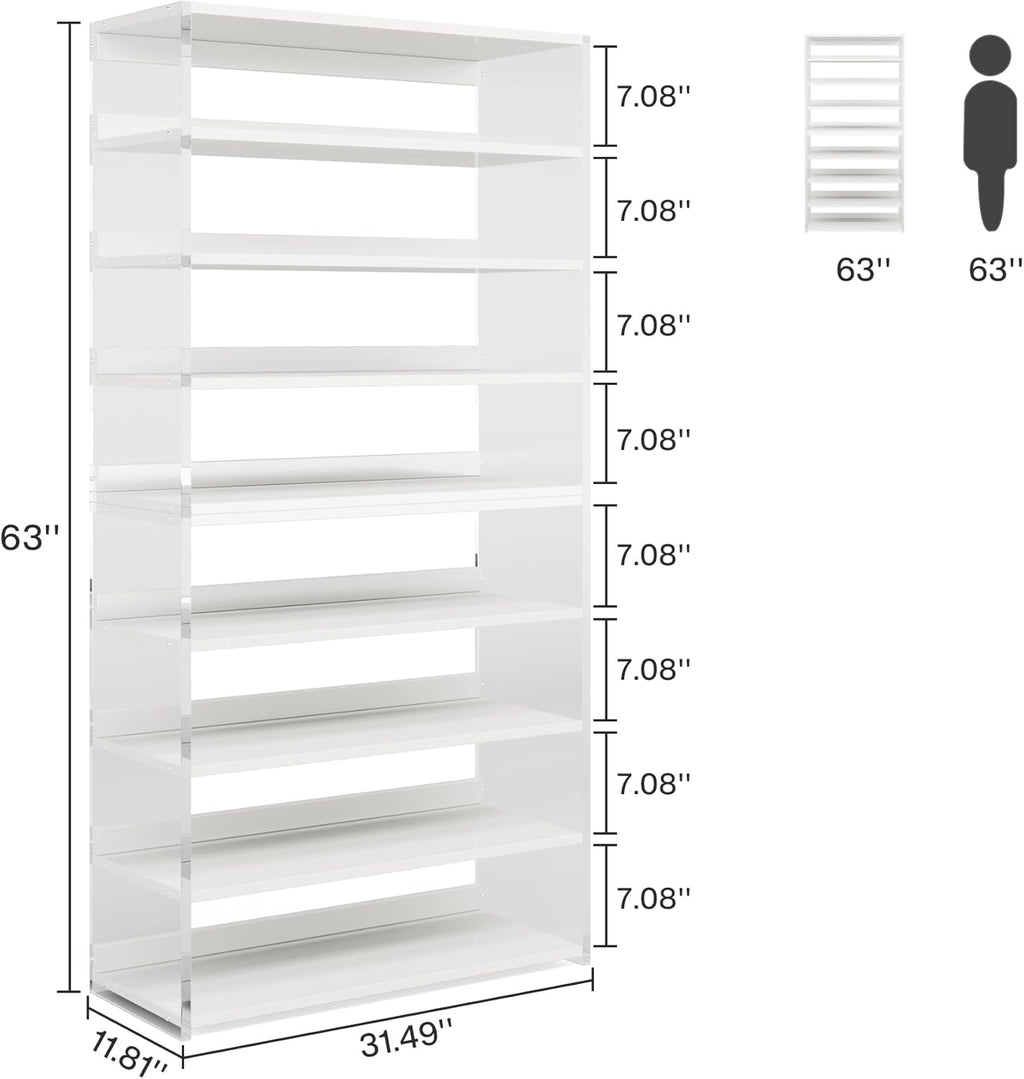 Tribesigns 8-Tier Acrylic Shoe Rack, Modern Shoe Storage with Wood Shelves, 63' Shoe Organizer Display Shelf for 24-32 Pairs, Space-Saving, White & Transparent (1)