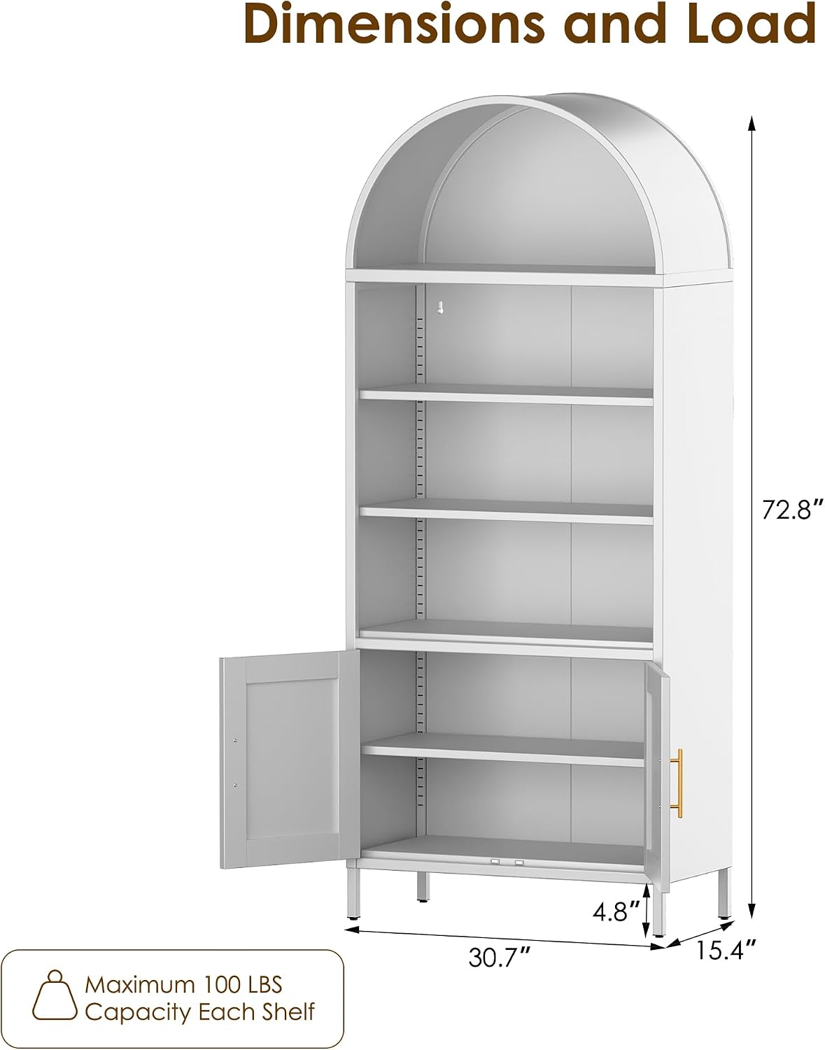 VEXPOR 73' Tall Metal Arched Bookcase with Doors, 5-Tier Arched Bookshelf with 2 Adjustable Shelves for Living Room, Home Office, Assembly Required, White, 15.35' D x 30.71' W x 72.83' H