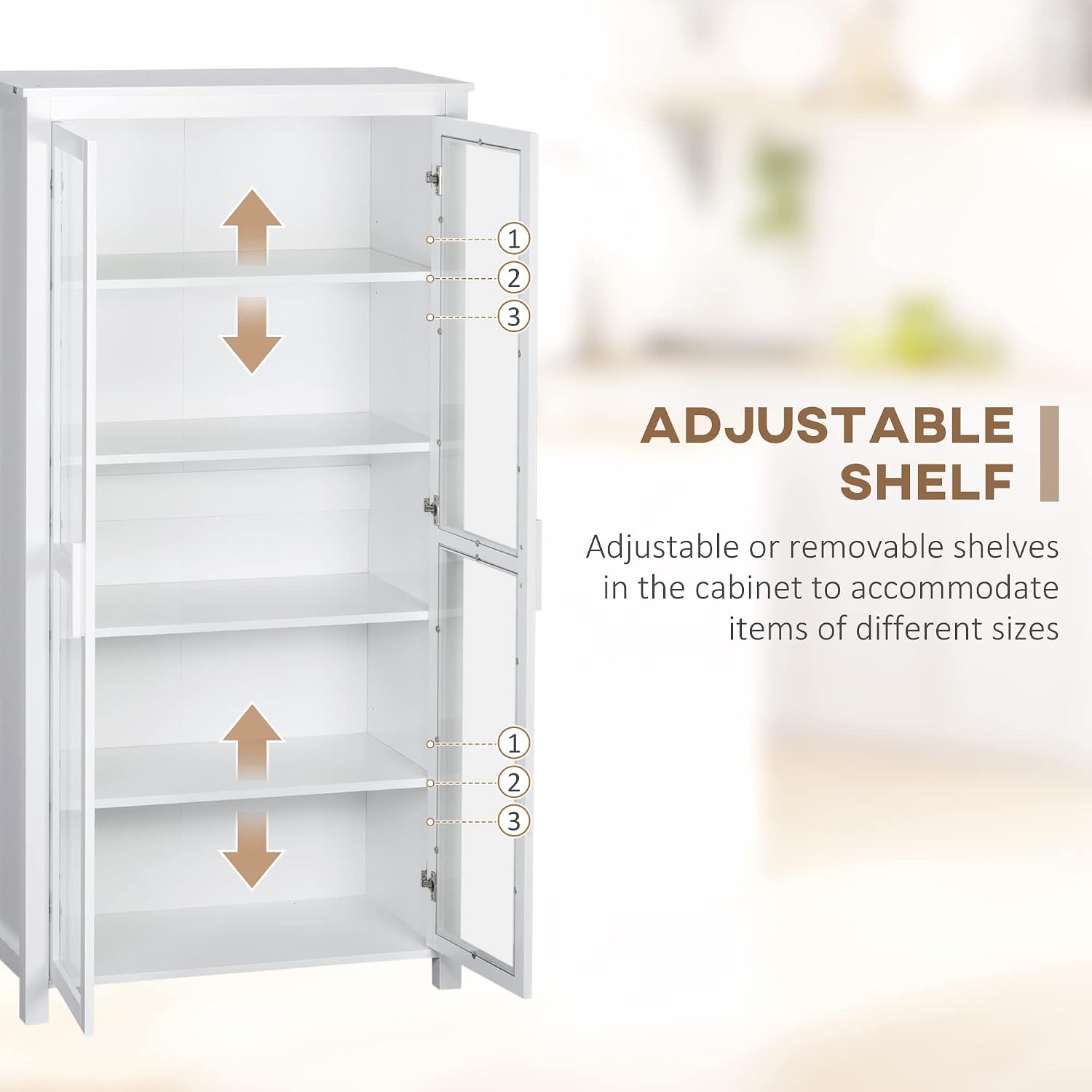 HOMCOM 63' Kitchen Pantry Cabinet, Freestanding Storage Cabinet, Display Cabinet with 2 Glass Door and 2 Adjustable Shelves for Dining Room, White