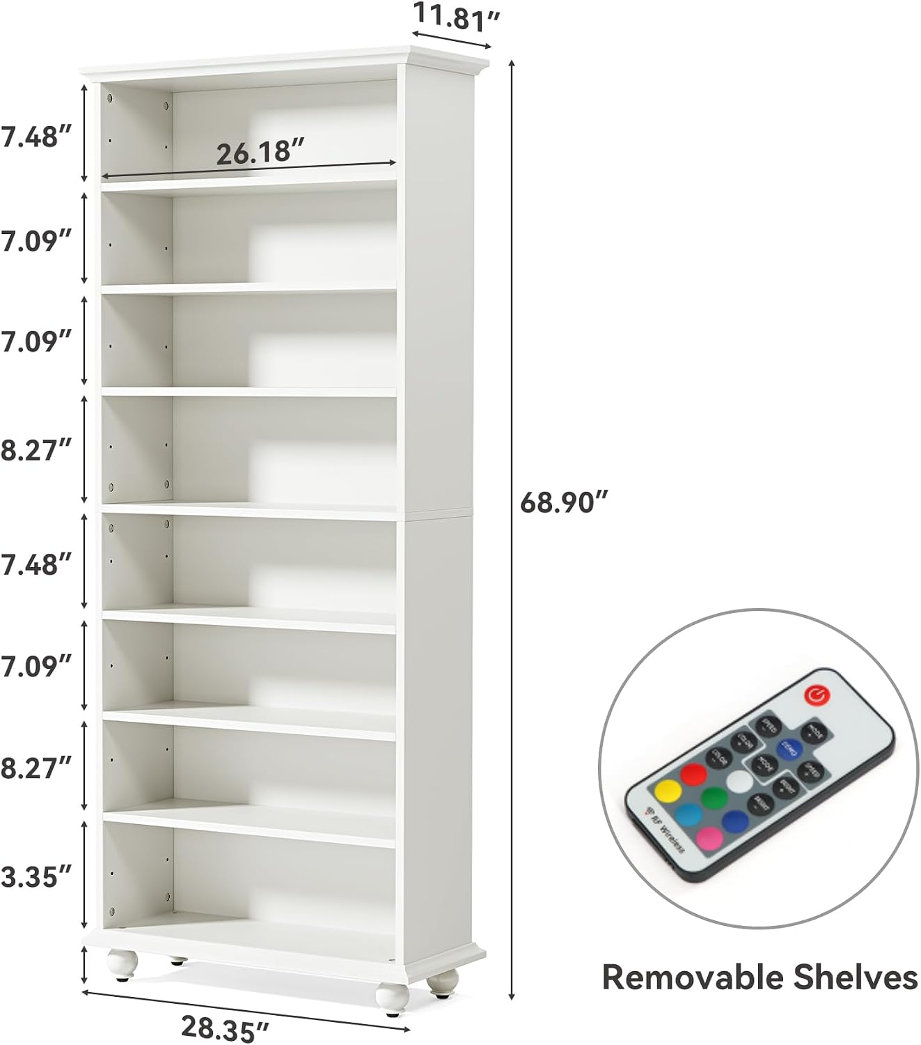 LITTLE TREE 69-Inch Tall Shoe Cabinet with LED Light Strip & Adjustable Shelves, White Wooden 8-Tier Shoes Display Cabinet for 26 Pairs, Freestanding Modern Shoe Cabinet for Entryway