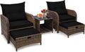 5 Pieces Wicker Outdoor Patio Chairs Set with Ottoman Patio Conversation Furniture Set with Ottoman Underneath All Weather Brown PE Rattan Balcony Furniture Set & End Table, Black Cushion