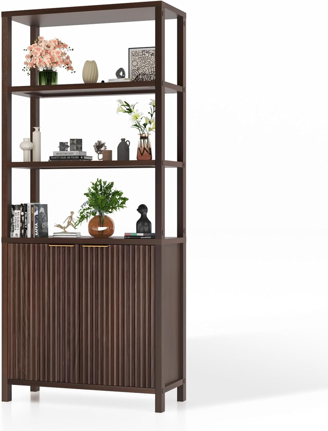 VINGLI Bookcase with Fluted Doors, 71' Wood Storage Cabinet with Adjustable Shelves, 6-Tier Display Cabinet Bookshelf for Study, Living Room, Home Office, Kitchen Pantry, Walnut
