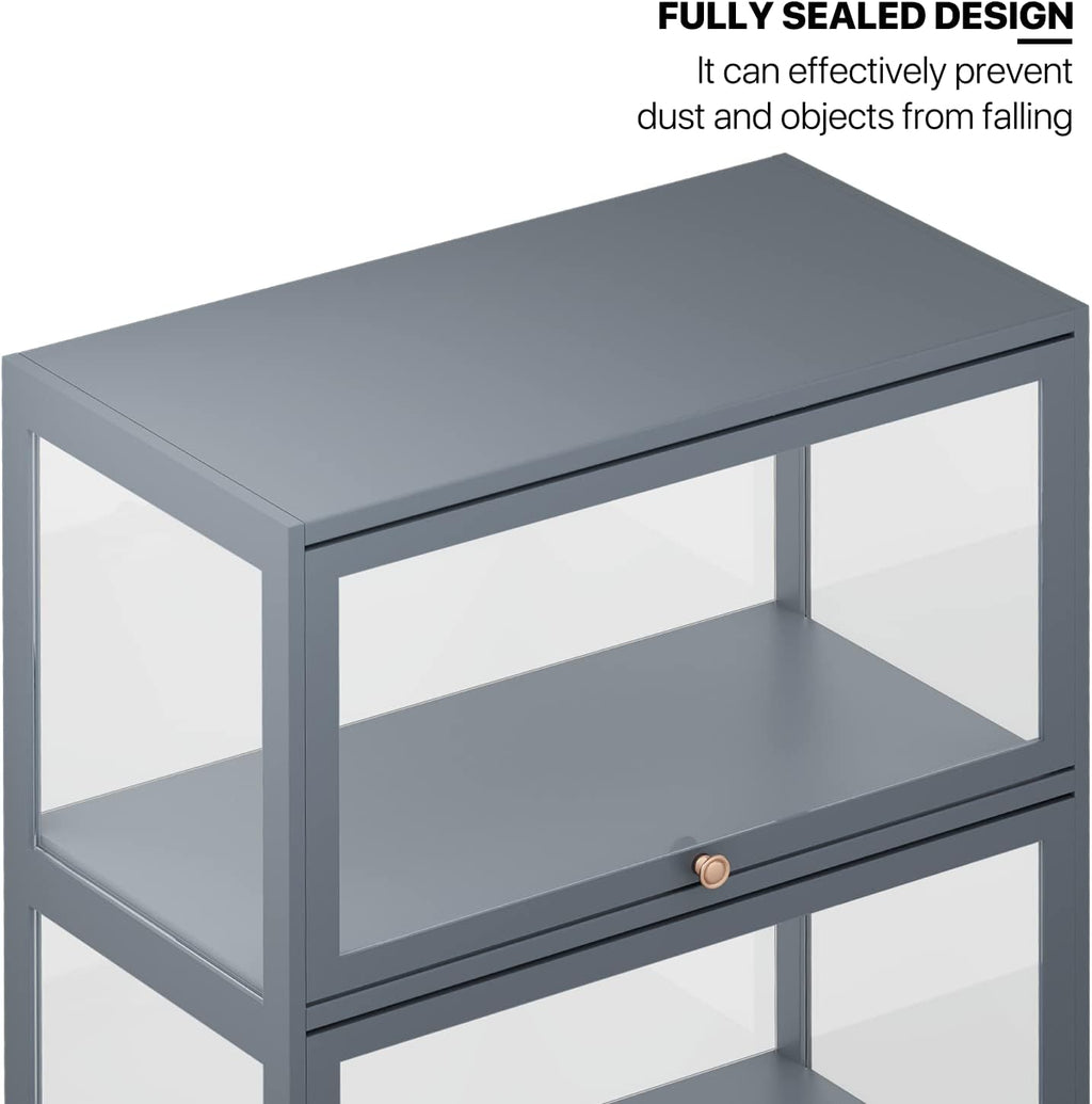 MoNiBloom 5-Tier Clear Display Case for Figures, 65.5' High Showcase Display Cabinet with Flip Acrylic Doors, Bamboo Tall Liquor Storage Cabinet Floor Standing Transparent Showcase for Entryway, Grey