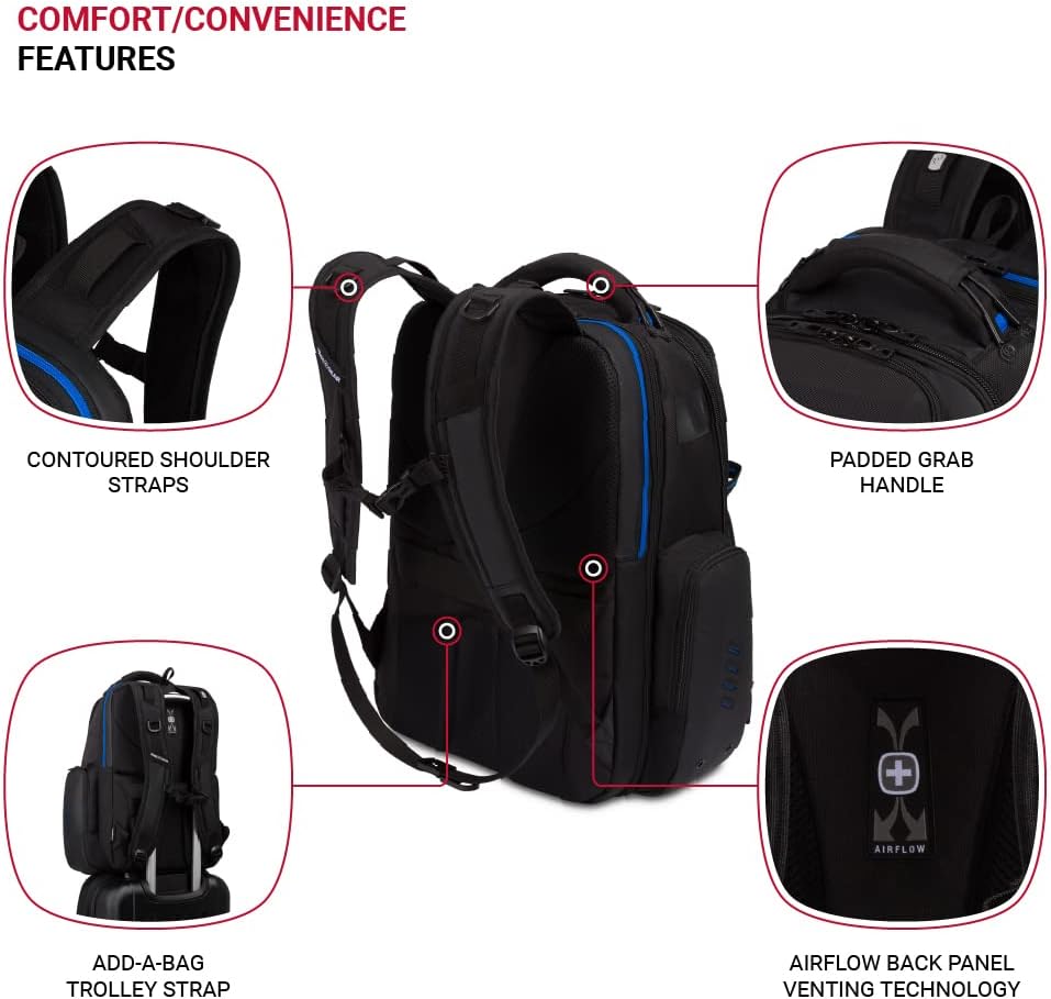 SwissGear Gaming Laptop Backpack with Charger Port (USB), Blue/Black