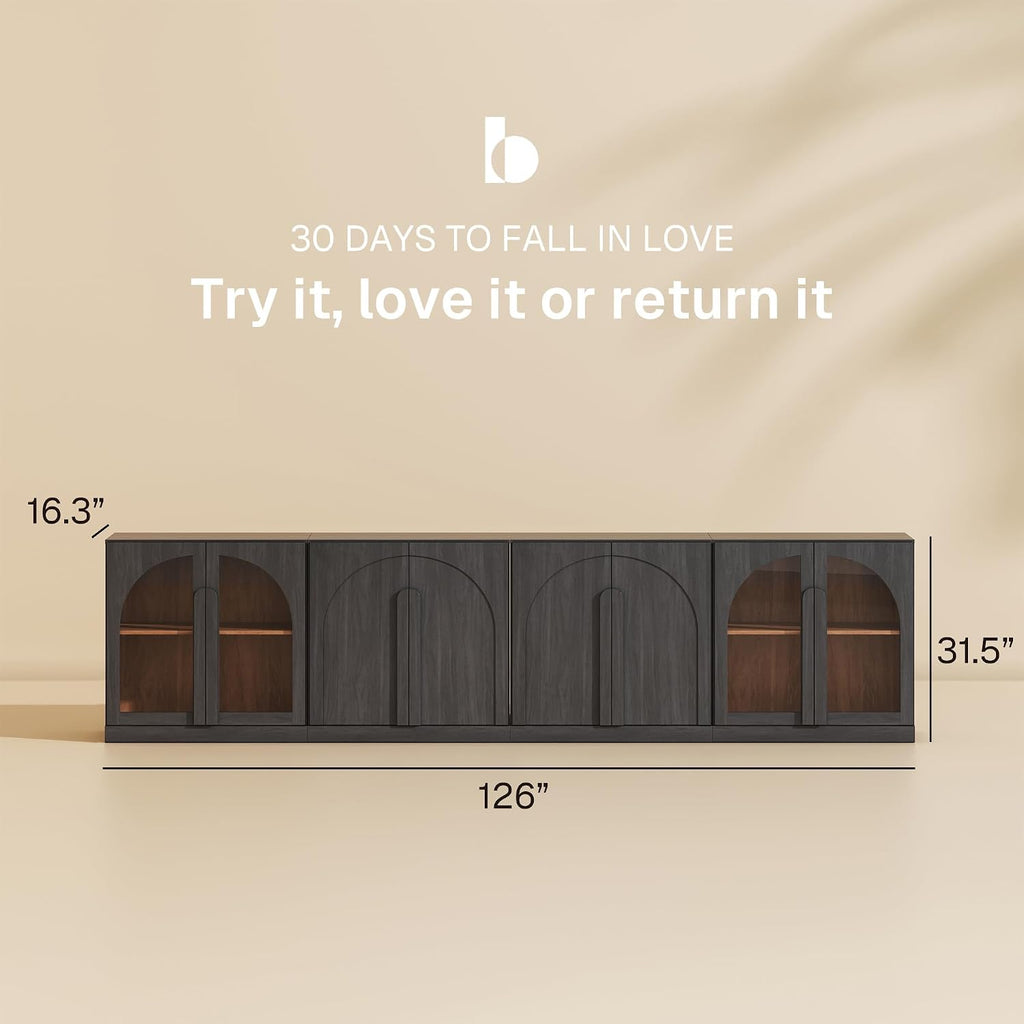 BELLEZE 4-Piece Modular Sideboard Buffet Cabinet, Set of 2 Arched Wood Door Cabinet and Glass Door Storage with Adjustable Shelf, Large Console Credenza for Living Room Kitchen, Ebony
