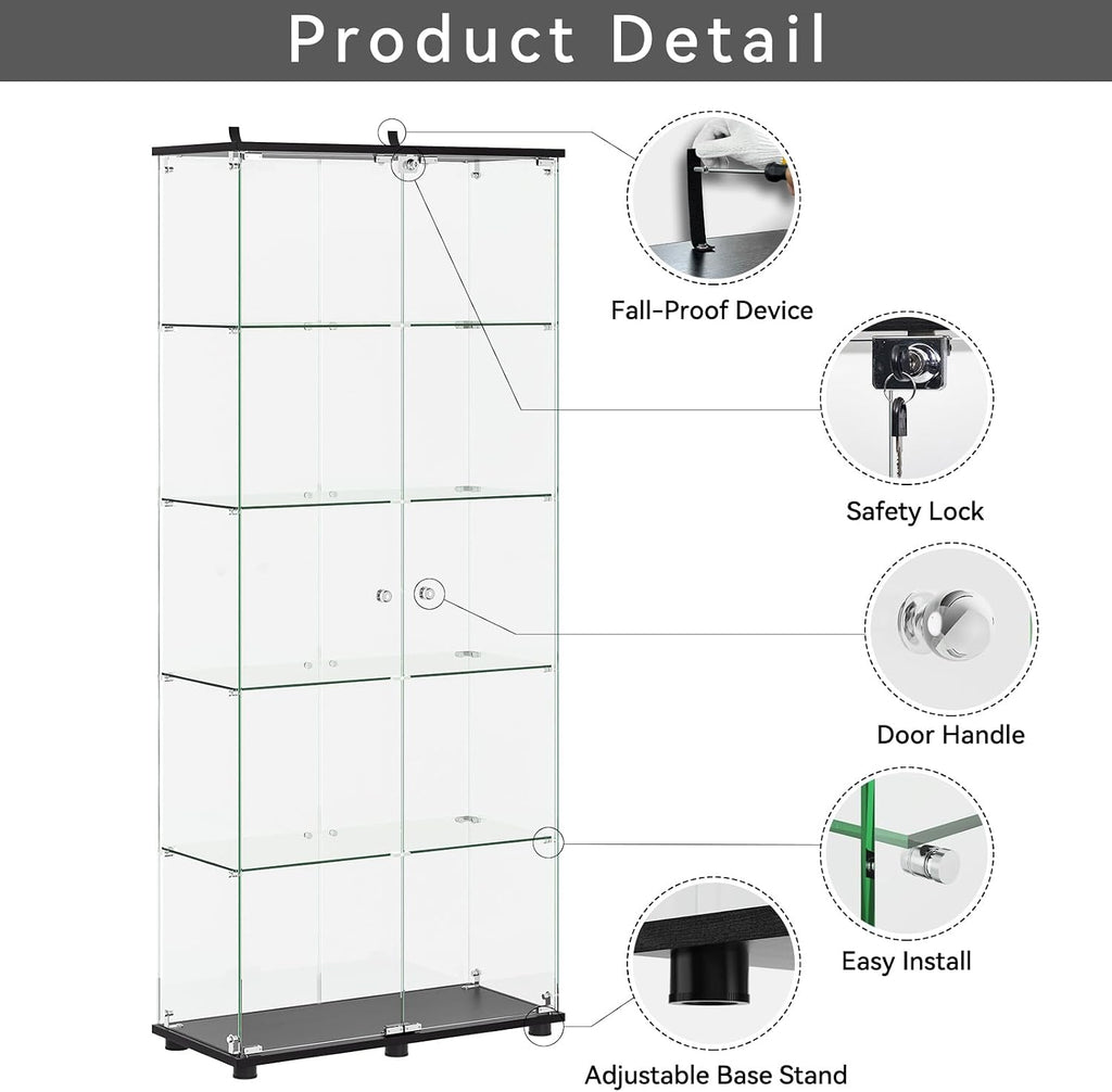ROOMTEC Glass Display Cabinet with 5 Shelves, Double Doors, Floor Standing Display Cage, for Living Room Bedroom Office, 74.5 x 31.7 x 14.3 in, Black