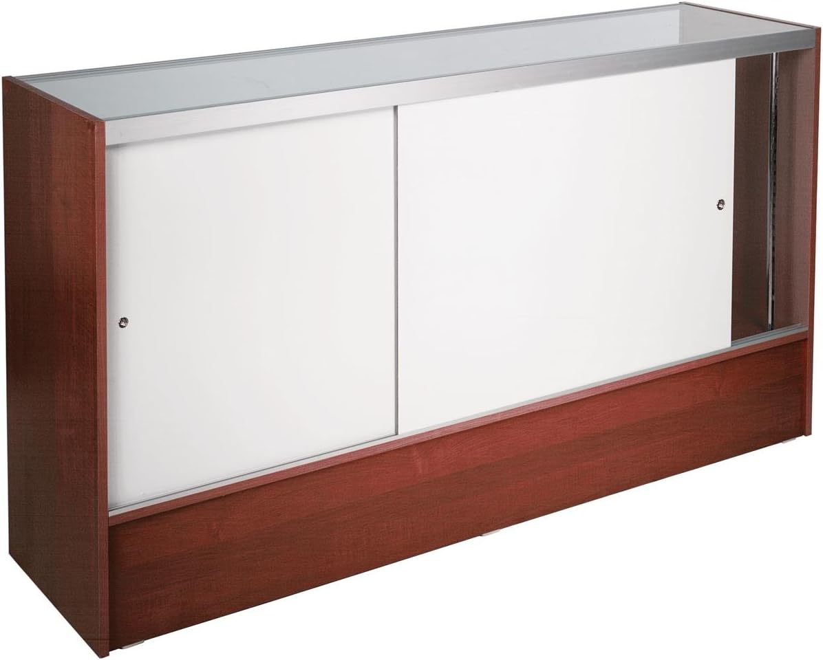 Free-Standing Glass Display Case with Cherry Finish Melamine Base, Includes Sliding Rear Doors - 6 Feet Wide