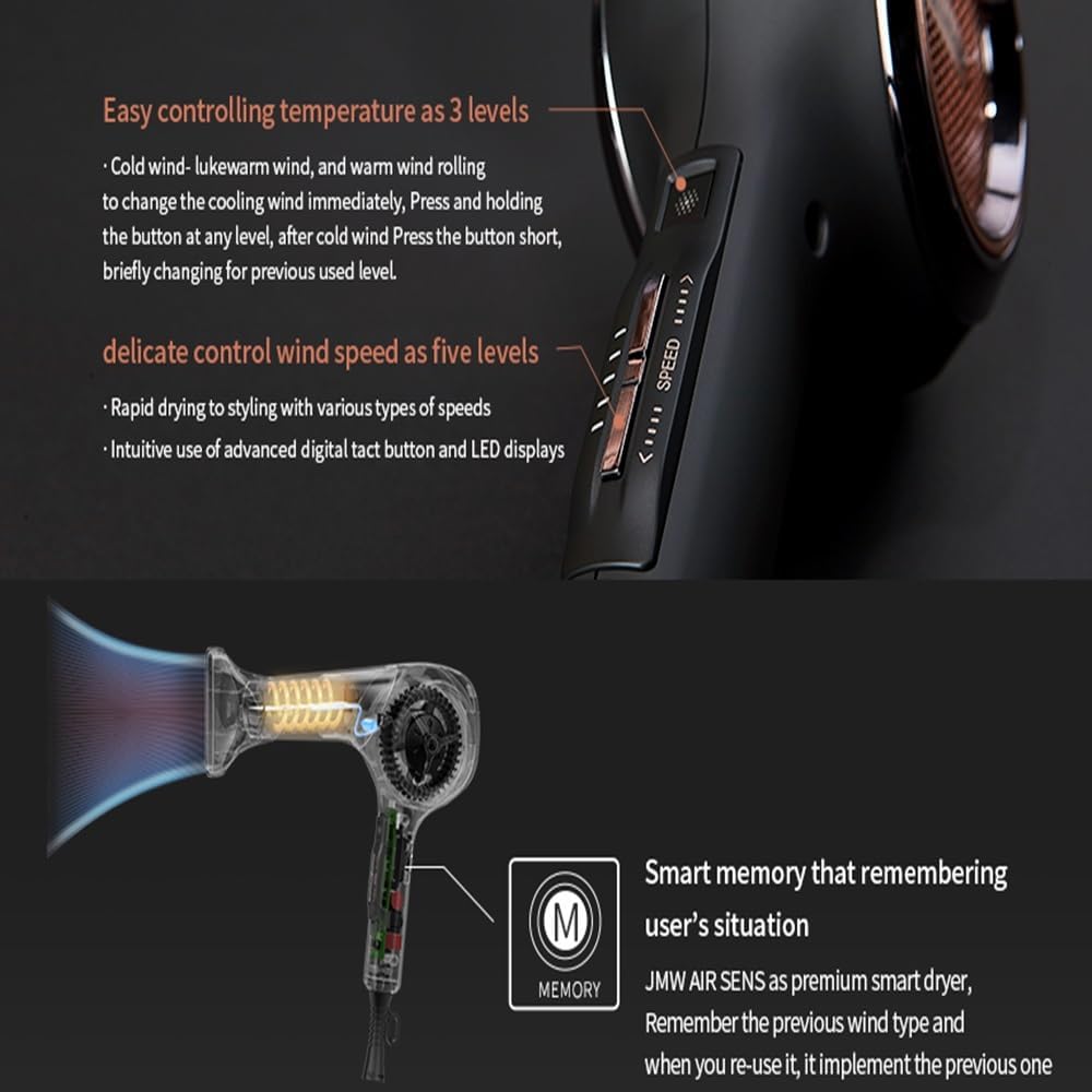 JMW Korean Professional Salon Hair Dryer AIR Sense I 15 Winds-3 Heat X 5 Speed Mix, 2 Nozzles & Dryer Stand, Upgrade BLDC Motor, 100% Cool Shot, Smart Memory, Fast Drying, Quiet and Long-Lasting