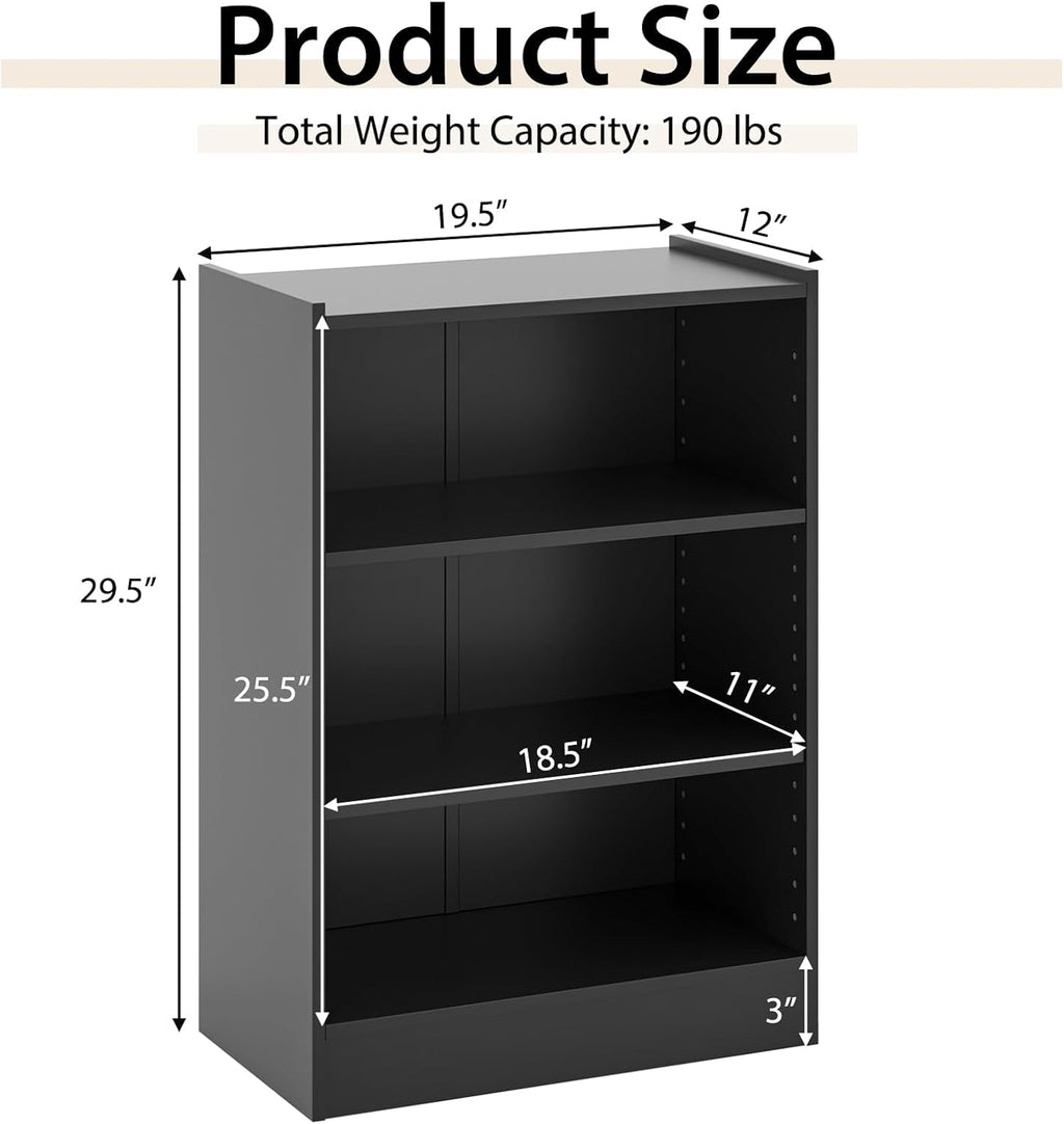 Tangkula 3 Tier Bookcase, Floor Standing Open Bookshelf with 18-Position Adjustable Shelves, Anti-toppling Device, Modern Multipurpose Display Storage Organizer for Living Room Study (2, Black)