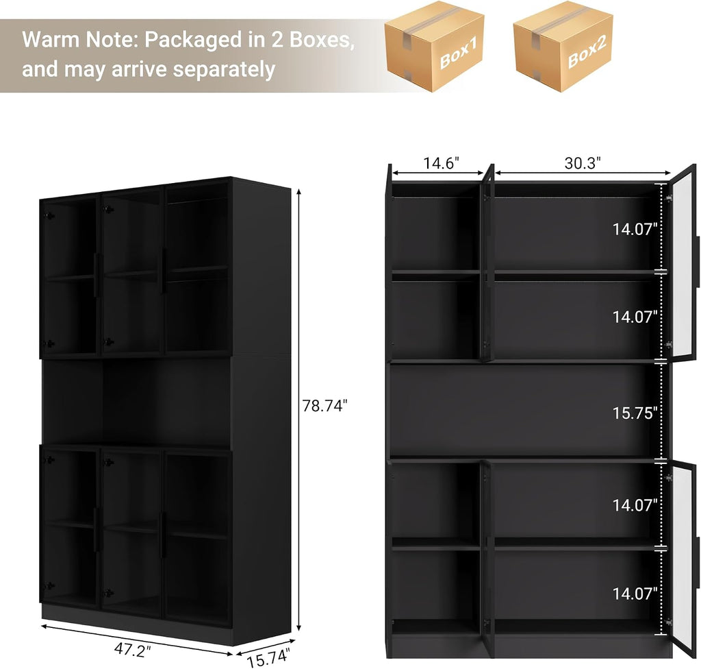 Bobve 78.7' H Display Cabinet with 6 Glass Doors and APP Control LED Lights,Storage Cabinets Modern Bookcase with Hutch for Collectible,Display Case Trophy Case,Black