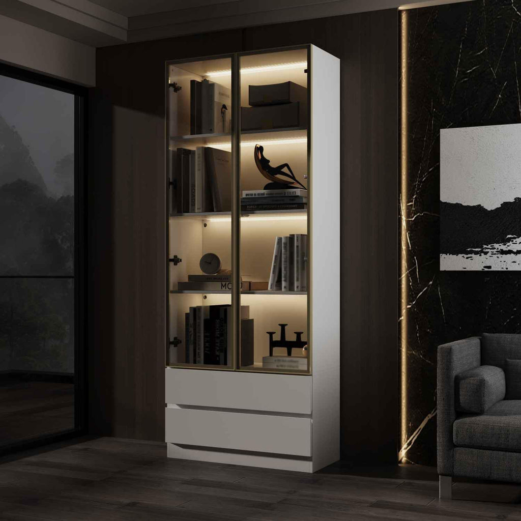 Curio Display Cabinet with Light, Storage Shelves with Pop-up Glass Doors, 2 Drawers & 3 Color Light, Collectibles Cabinet Display Shelf, Bookshelf Showcase for Living Room, White w/Drawer