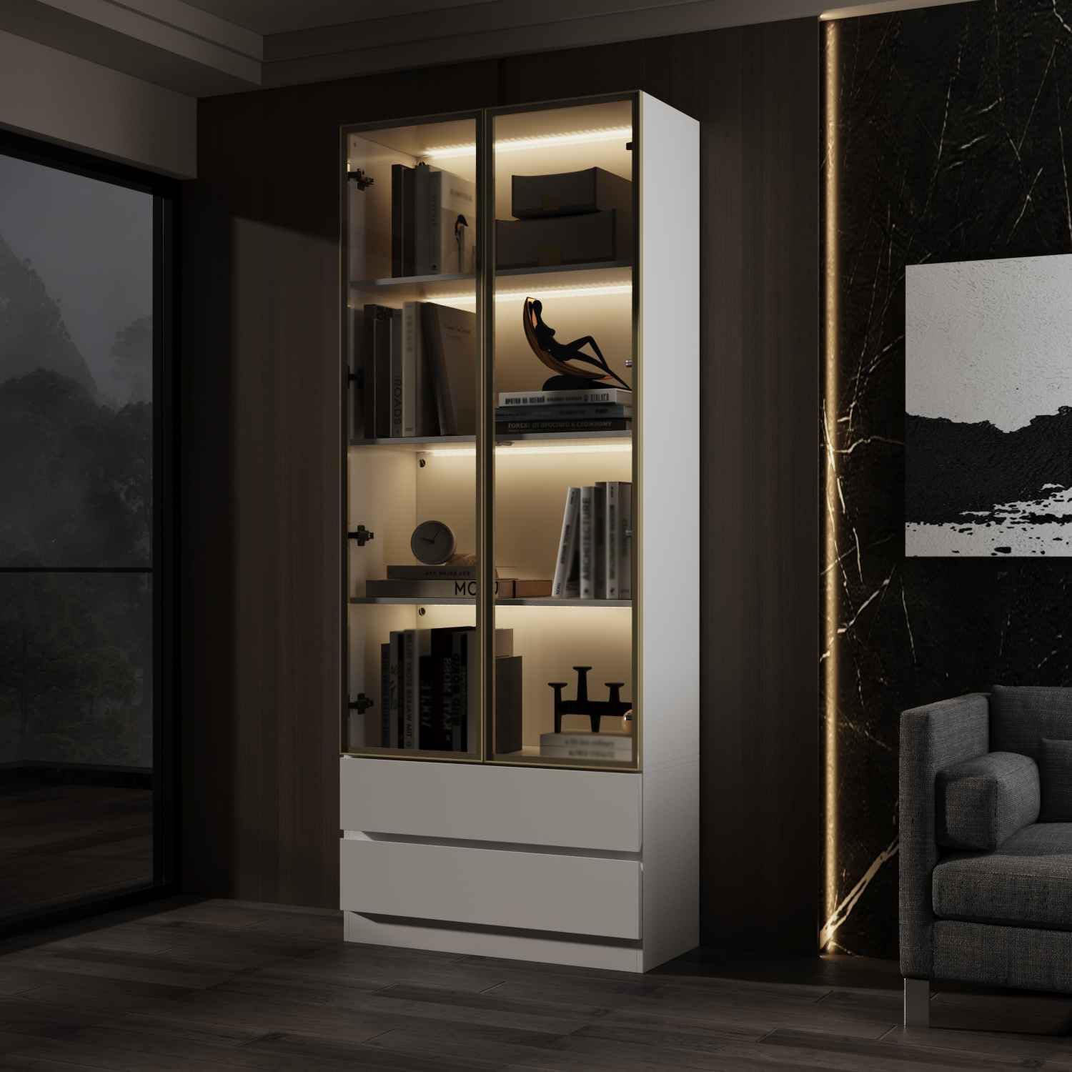 Curio Display Cabinet with Light, Storage Shelves with Pop-up Glass Doors, 2 Drawers & 3 Color Light, Collectibles Cabinet Display Shelf, Bookshelf Showcase for Living Room, White w/Drawer