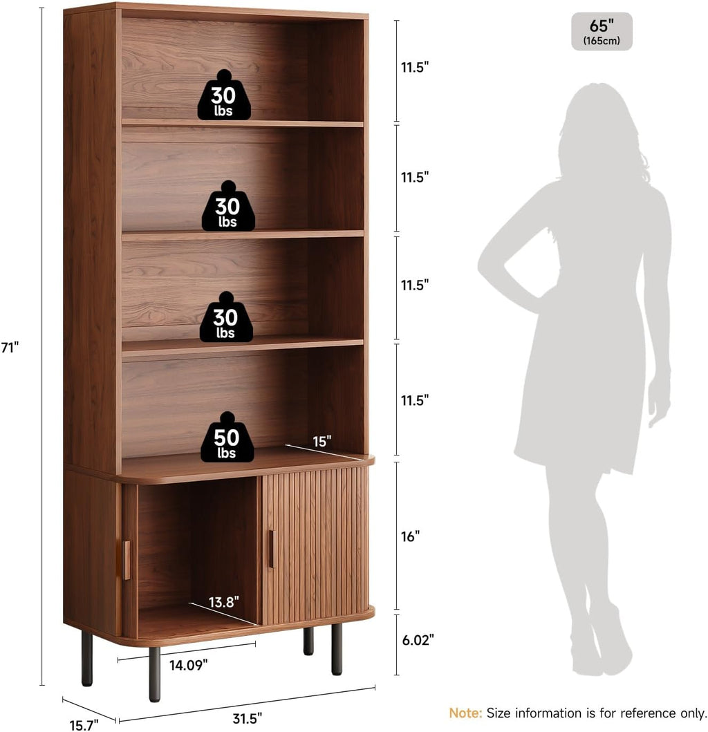 ONBRILL 71' Tall Bookshelf, 4-Tier Bookcase with Storage Cabinet & Adjustable Storage Shelf, Freestanding Wood Bookshelf with Sliding Door and Adjustable Footpad, for Home Office, Living Room, Walnut