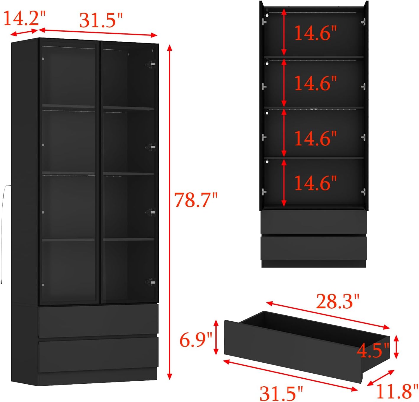 FUFU&GAGA Display Cabinet with Glass Doors and Lights, 78.7' Tall Bookshelf Glass Storage Cabinet with 4 Shelves & 2 Drawers, Bookcase for Living Room Office, Black 31.5'W x 14.2'D x 78.7'H