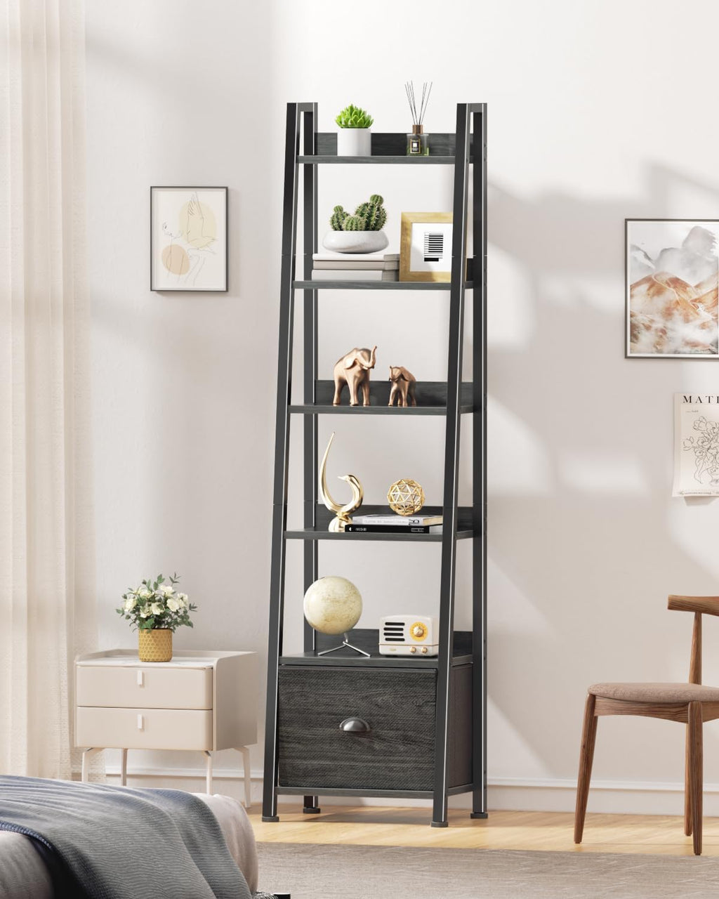 Furologee Bookshelf Set of 2, 6-Tier Ladder Shelf, Ladder Bookshelf with Drawer, Set of 2 Bookshelves, Wood Metal Freestanding Storage Shelf for Living Room, Home Office, Bedroom, Kitchen,Black Oak