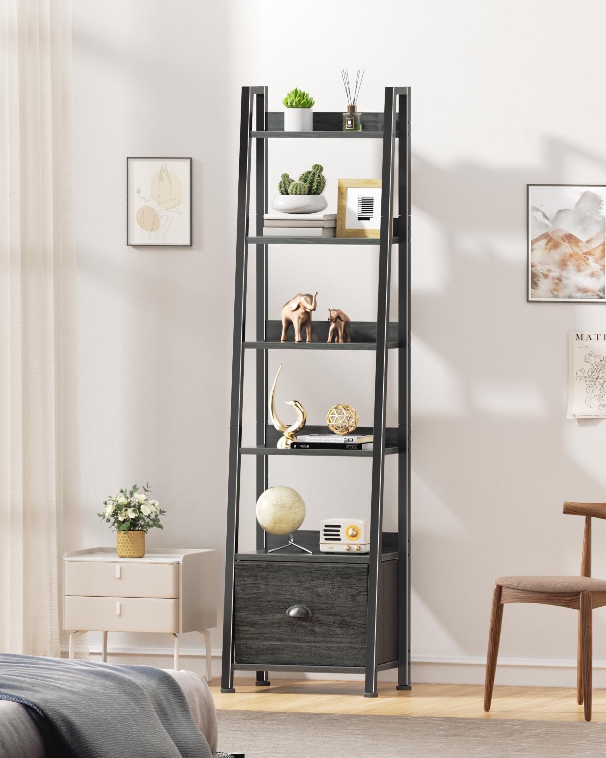 Furologee Bookshelf Set of 2, 6-Tier Ladder Shelf, Ladder Bookshelf with Drawer, Set of 2 Bookshelves, Wood Metal Freestanding Storage Shelf for Living Room, Home Office, Bedroom, Kitchen,Black Oak