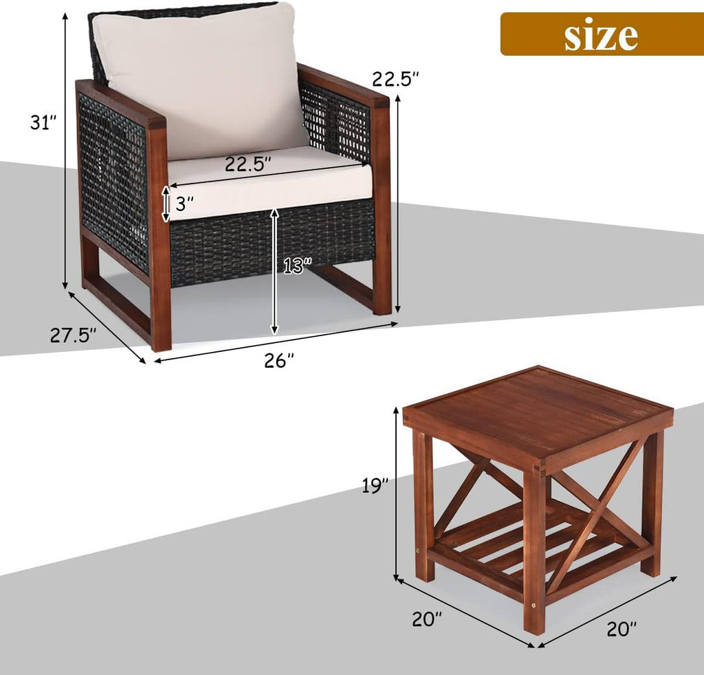 Tangkula 3 Pieces Patio Wicker Furniture Set, Rattan Outdoor Sofa Set w/Washable Cushion & Acacia Wood Coffee Table, Conversation Bistro Set for Garden Balcony Backyard (Beige)