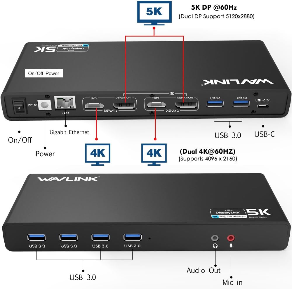DisplayLink Universal Docking Station,WAVLINK 15-in-1 USB C Ultra 5K Dual 4K HD Multiple Display Dock with 2xHDMI/DP,Gigabit Ethernet,6xUSB 3.0,Type C,Audio,Mic,for New MacBook Neo,Windows,Mac