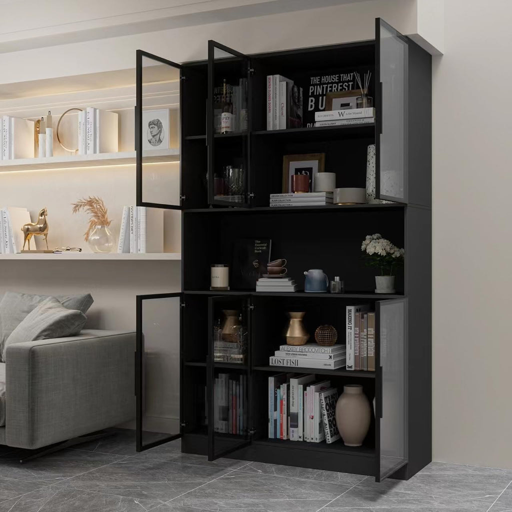 Mekminop Glass Doors Display Cabinet with Lights and Shelves, Storage Cabinets Morden Bookcase Trophy Case Display Cabinet with Hutch for Collectibles - Black (47.2 'W x 16.5 'D x 78.7 'H)