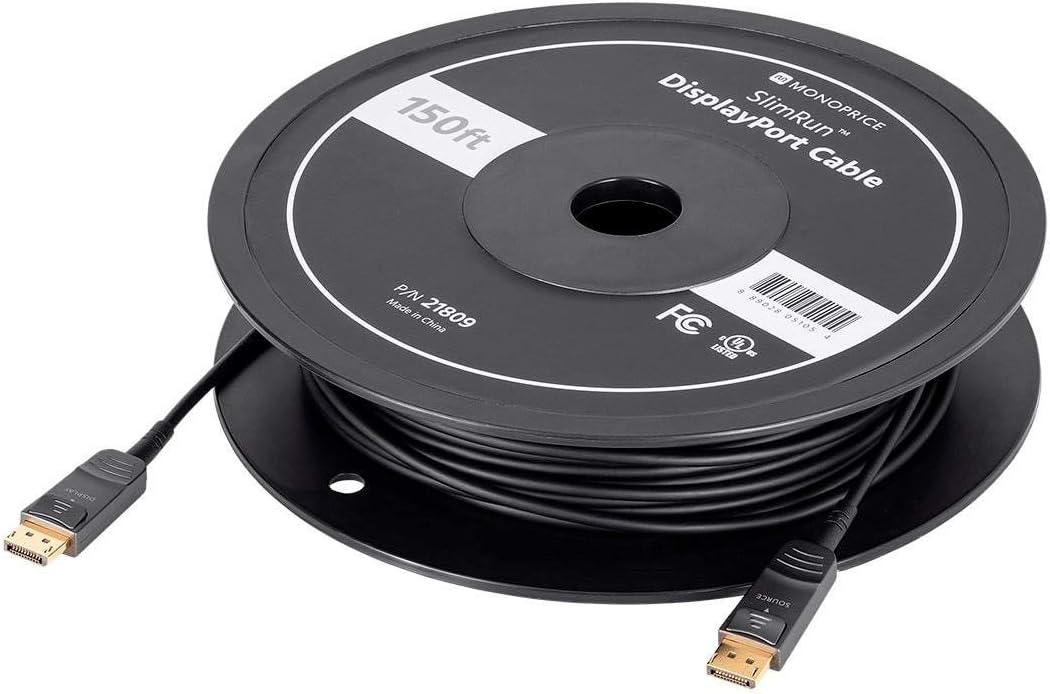 Monoprice 8K DisplayPort 1.3 Cable - 8K@30Hz, 5K@60Hz, 4K@120Hz Resolution, 32.4Gbps Bandwidth, HDR Support, AMD FreeSync 2.0, Fiber Optic, AOC, 20 Feet - SlimRun AV Series