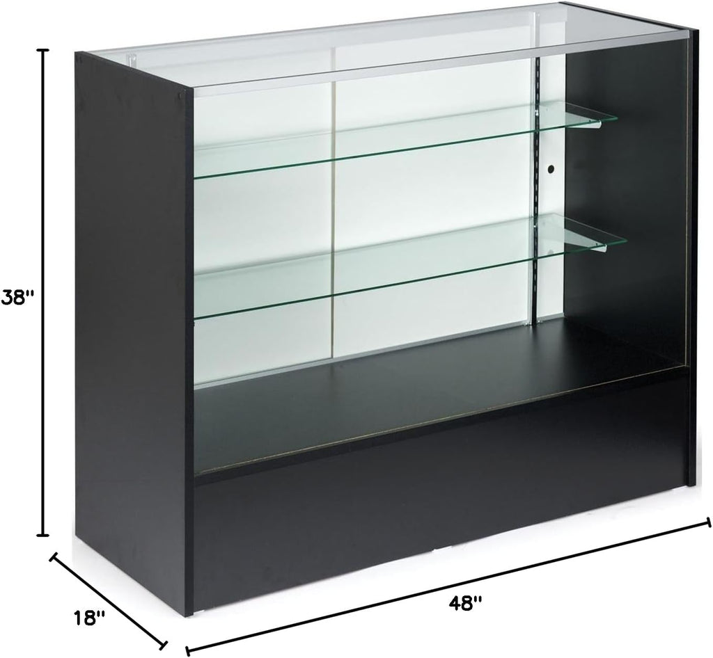 4-Foot-Long Glass Display Cabinet with Sliding Door, Adjustable Shelves, Ships Unassembled - Anodized Aluminum Extrusions with Black Melamine Panels