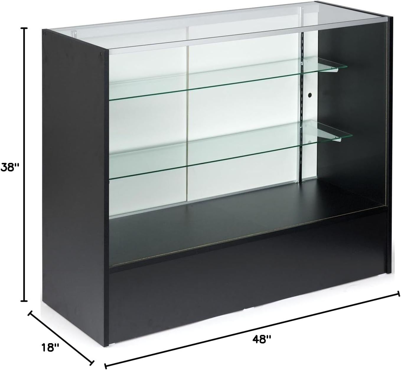 4-Foot-Long Glass Display Cabinet with Sliding Door, Adjustable Shelves, Ships Unassembled - Anodized Aluminum Extrusions with Black Melamine Panels
