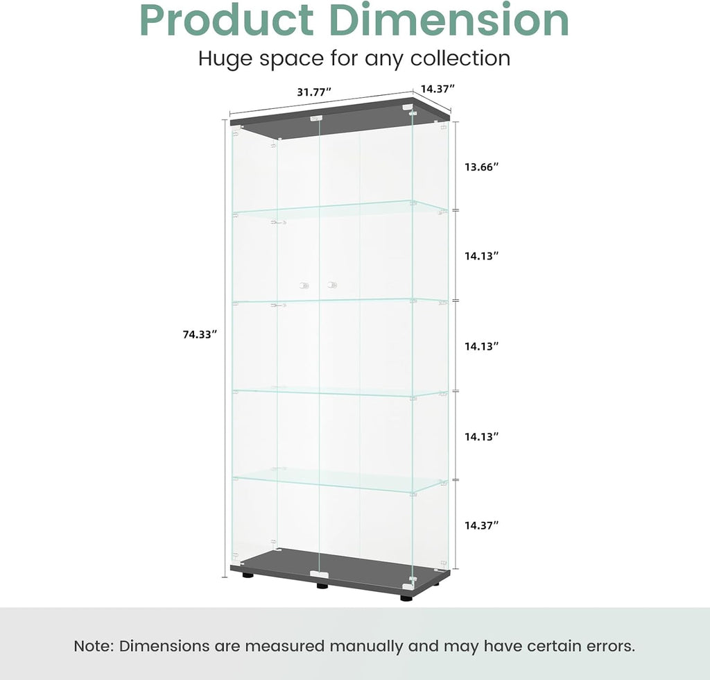 Beauty4U Glass Display Cabinet with 5 Shelves Double Door, Curio Cabinets for Living Room, Bedroom, Office, Black Floor Standing Glass Bookshelf, Quick Installation