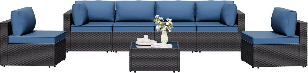 7 Pieces Outdoor Patio Sectional Sofa Couch, Wicker Furniture Patio Conversation Sets with Washable Cushions & Coffee Table for Garden, Poolside, Backyard