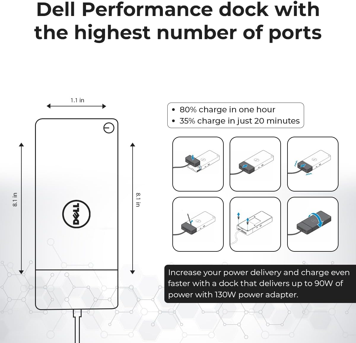 Dell WD19S Docking Station 130W (90W Power Delivery), Dell Docking Station for Laptop with 130W Power Adapter + HDMI + DisplayPort + USB-C Cable + Microfiber Cloth (Renewed)