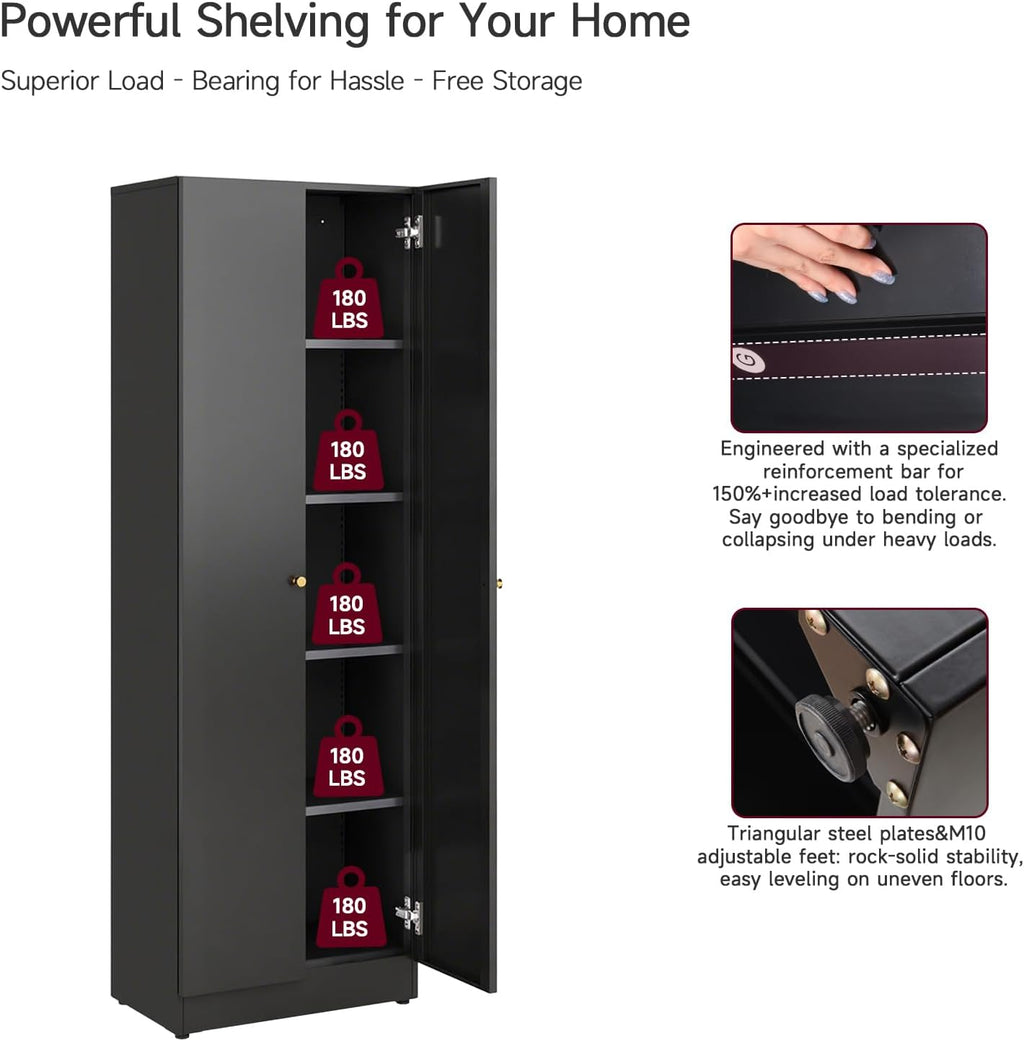 Metal Storage Cabinet with Doors, Black Bookshelf with Adjustable Shelves, Garage Storage Cabinet, 5 Tier File Cabinets, Tall Bookshelf Enclosed Bookcase for Home Office, Living Room, Library