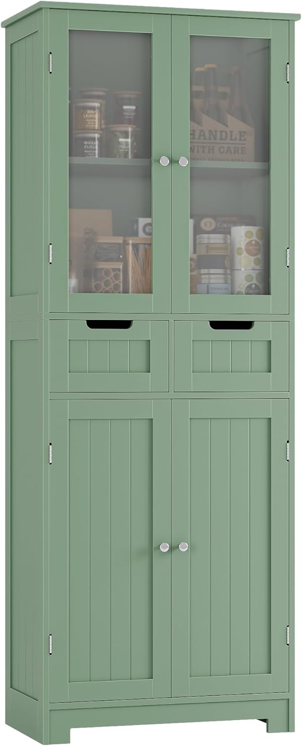 HORSTORS 67' Tall Bathroom Storage Cabinet, Freestanding Storage Cabinet with Glass Door and Shelves, Kitchen Pantry Linen Cabinet with 2 Drawers for Bathroom, Living Room, Dining Room, Green