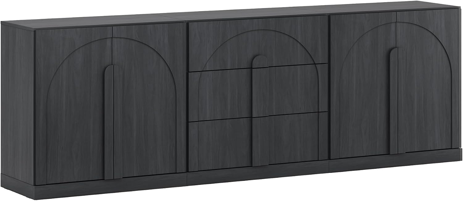 BELLEZE 3-Piece Modular Sideboard Cabinet Set Freely Configurable, Modern Wood Buffet Cabinet Contain 2 Arched Cabinet and 3-Drawer Storage, Credenza Console for Living Room Kitchen, Ebony