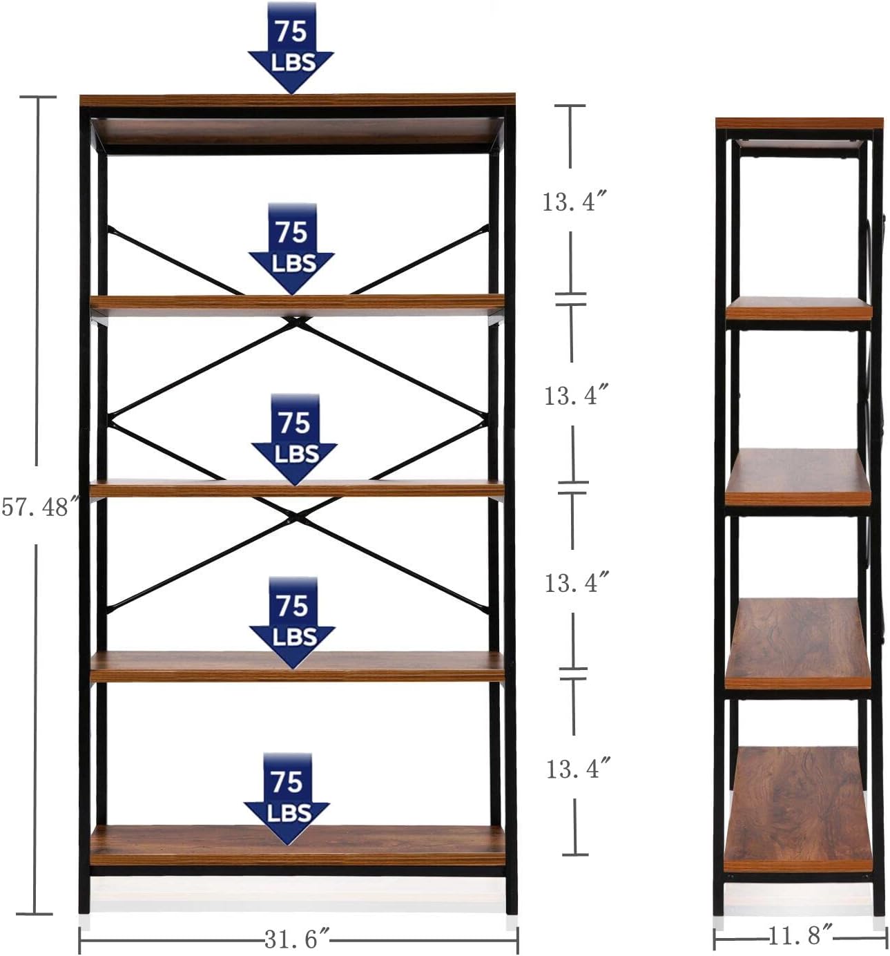 Himimi Industrial Bookshelf 5-Tier, Bookcase 58' H Ladder Shelf, Storage Shelves Rack Shelf Unit, Accent Furniture Metal Frame, Home Office Furniture for Bathroom, Living Room, Vintage Brown