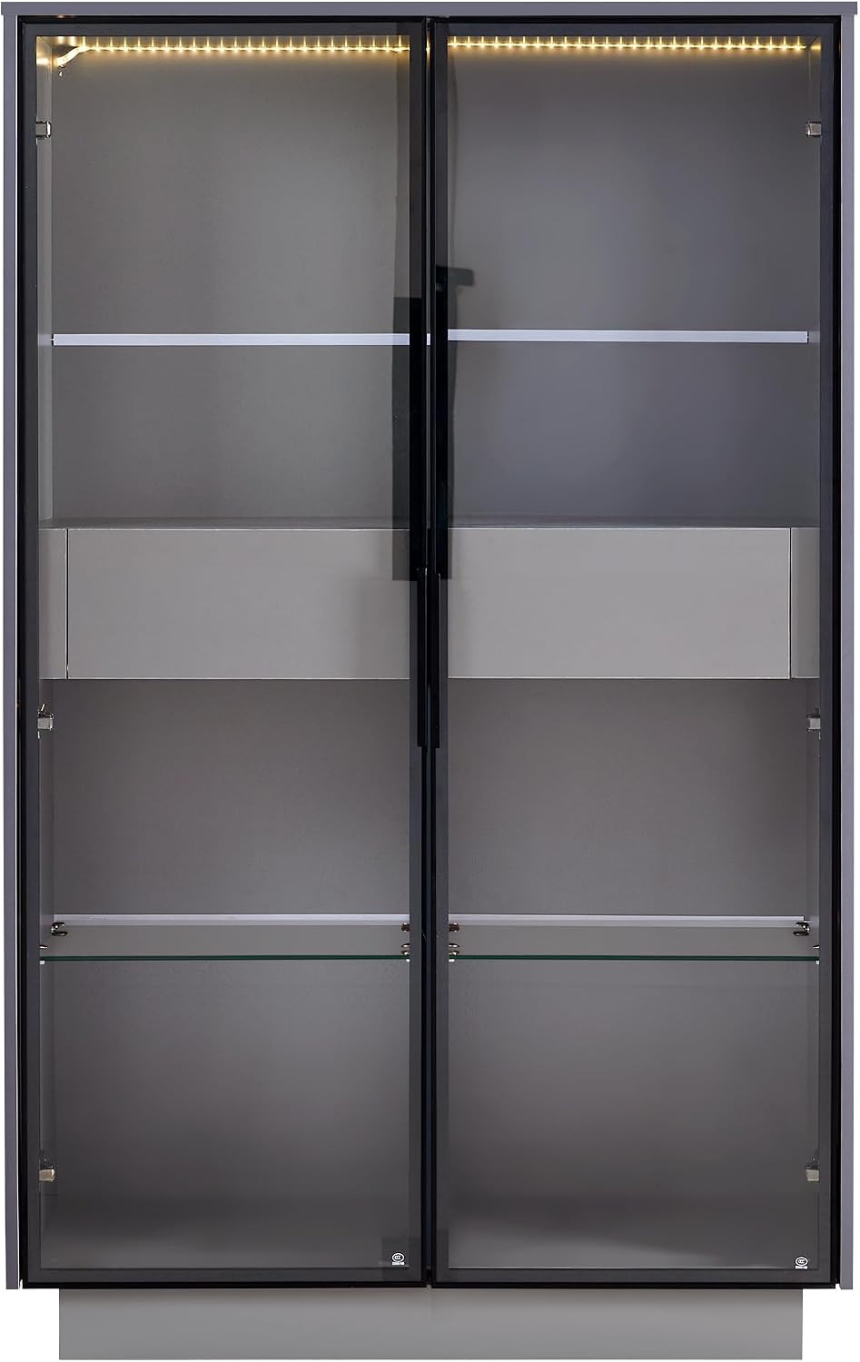 Merax Modern 4 Tier Bookshelf Bookcase with Glass Doors & 2 Drawers, 60.6' Tall Wood Display Cabinet with Adjustable Shelves for Living Room, Bedroom, Office Grey