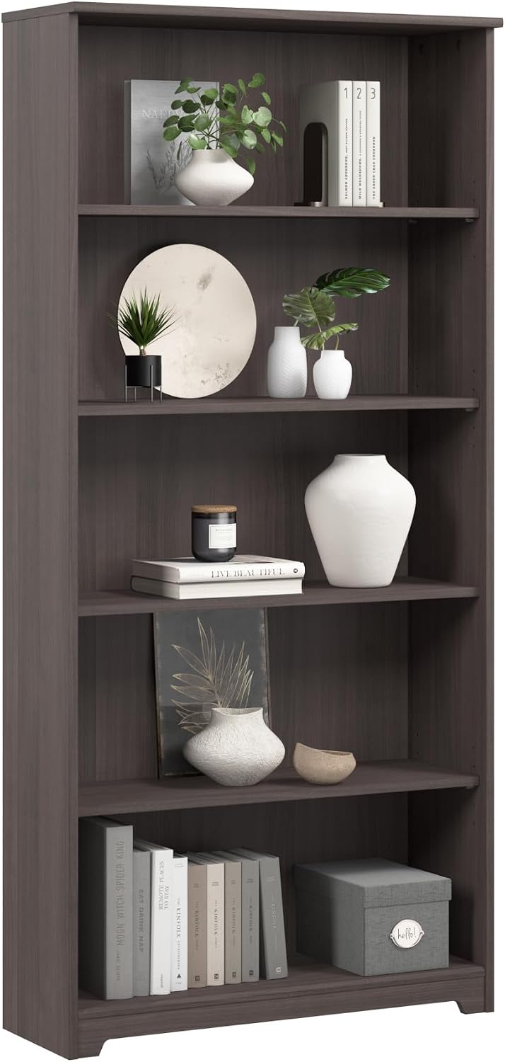 Bush Home Tall 5 Shelf Bookcase, Large Open Bookshelf, Sturdy Display Cabinet for Living Room or Home Office, Cabot Collection, Heather Gray