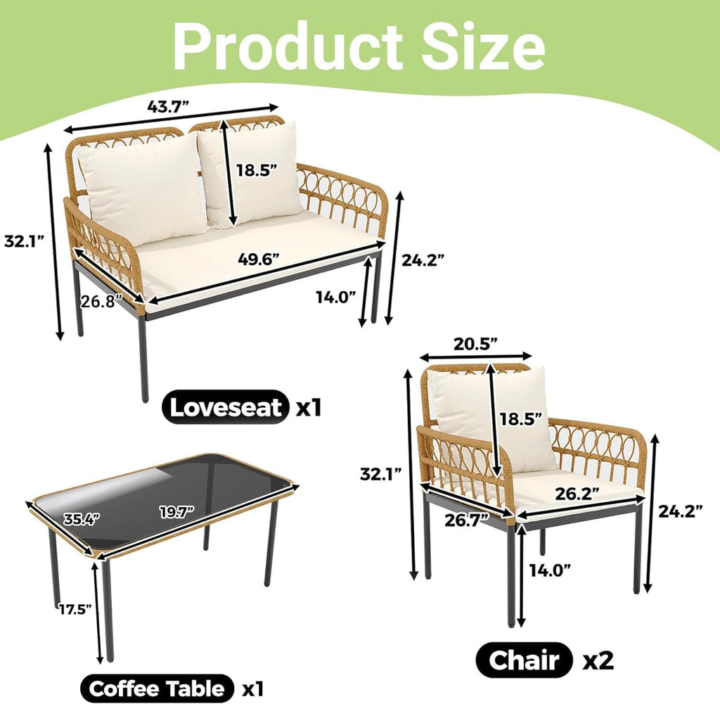 4-Piece All-Weather Rattan Bistro Patio Furniture Set with Deep Seating, Waterproof Thick Cushions, Soft Cushions, and Metal Coffee Table - Ideal for Garden and Porch Outdoor Relaxation